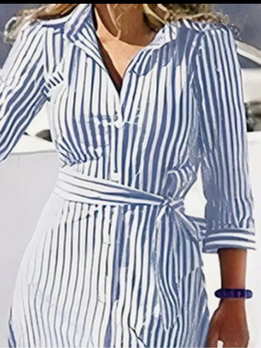 Striped Blue & White Maxi Shirt Dress with Waist Tie - Picture 2 of 2